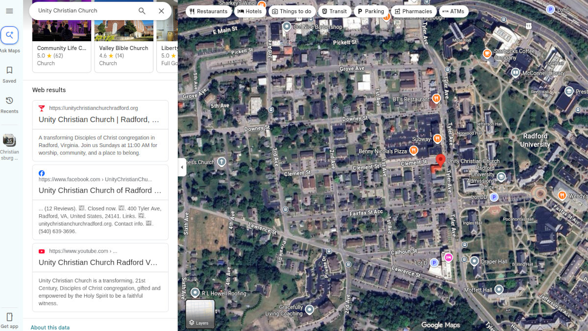 Screenshot of the maps display of Unity Christian Church