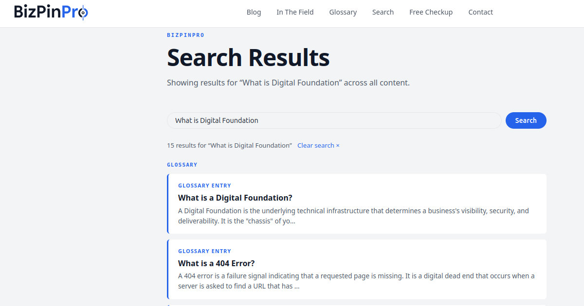 Screenshot of the public site showing a search for "What is a Custom Website?"