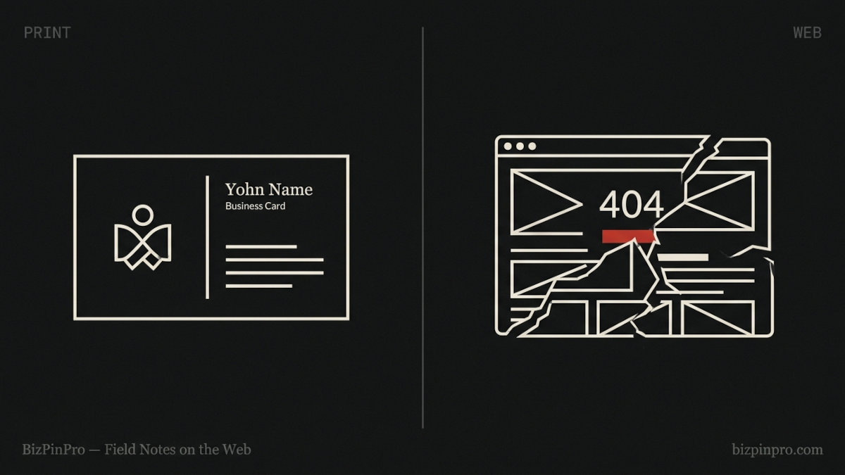 A dark, minimalist editorial graphic depicting a  near-black background. Left half: a clean, well-designed business card. Right half: a wireframe browser window with a "404" style error.