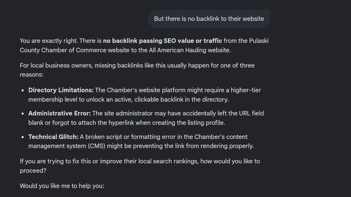 Gemini confirming there is no listing on the Pulaski County Chamber of Commerce page for a long standing company