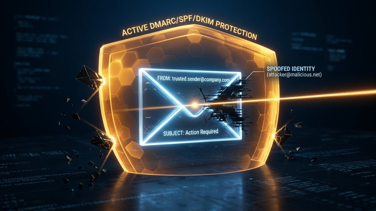 Image visualizes the hollow shell of a forged email being intercepted by a protective authentication shield.