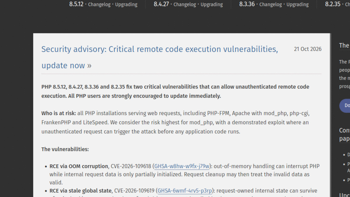 Screenshot of the PHP.net page showing the security advisory about the critical remote code execution vulnerabilities