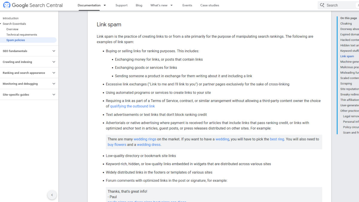 Screenshot of Google's policies on link spam