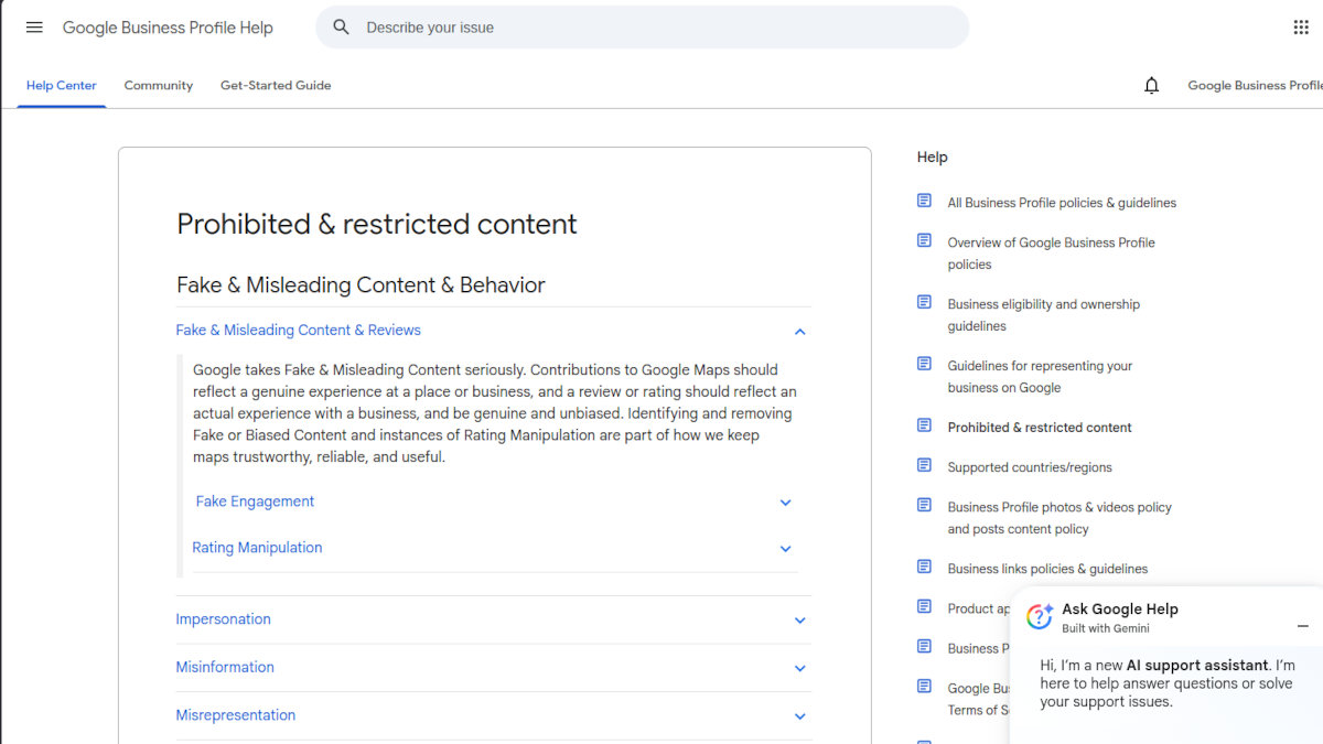 Screenshot of Google Business Profile Help describing prohibited & restricted content