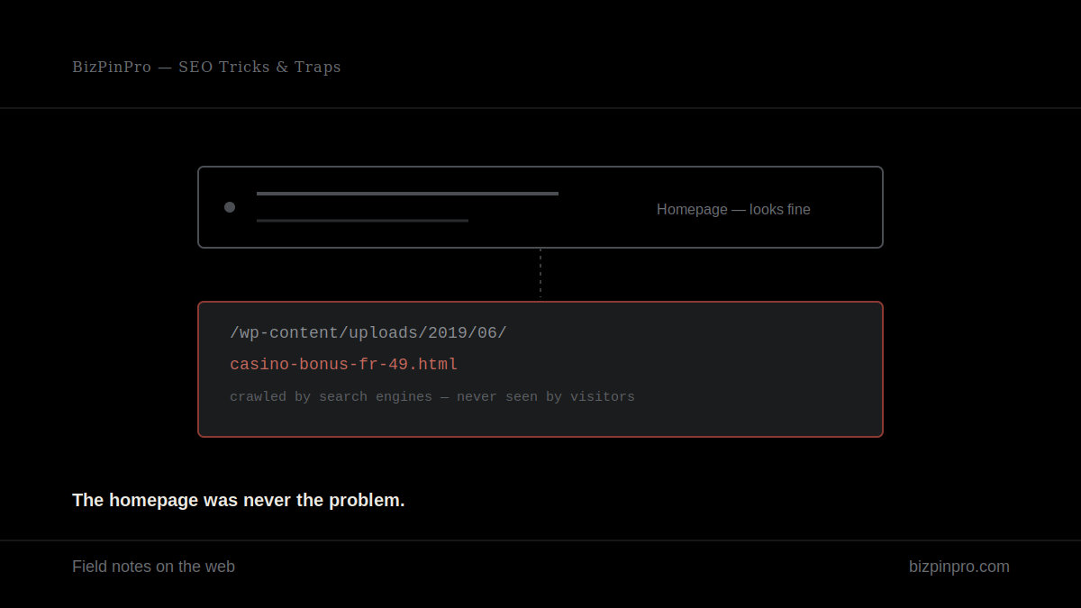 Dark graphic showing a normal-looking homepage above a hidden file path labeled "casino-bonus-fr-49.html," with the text "The homepage was never the problem."