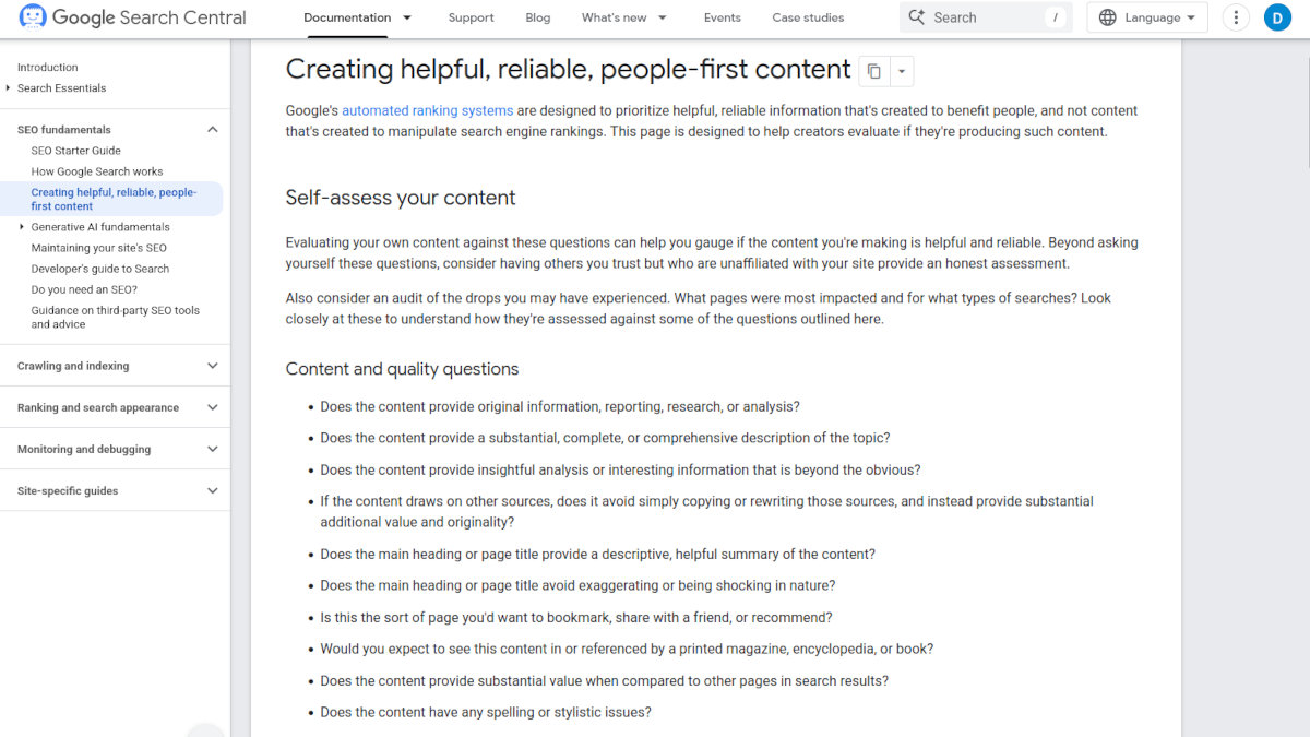 Screenshot of Google's guidelines for people-driven content