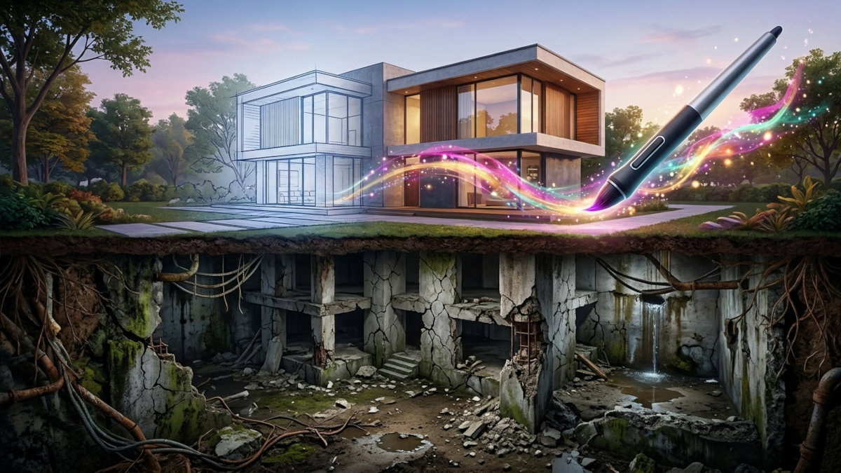 Generated image showing a deluxe house being painted but also showing the crumbling foundation that nobody is seeing.