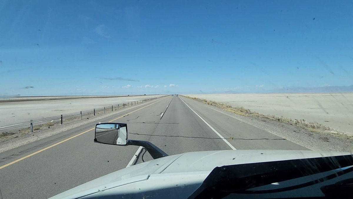 Driving across the salt flats west of Salt Lake City, Utah