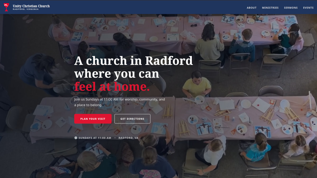 Screenshot of new website for Unity Christian Church in Radford, VA