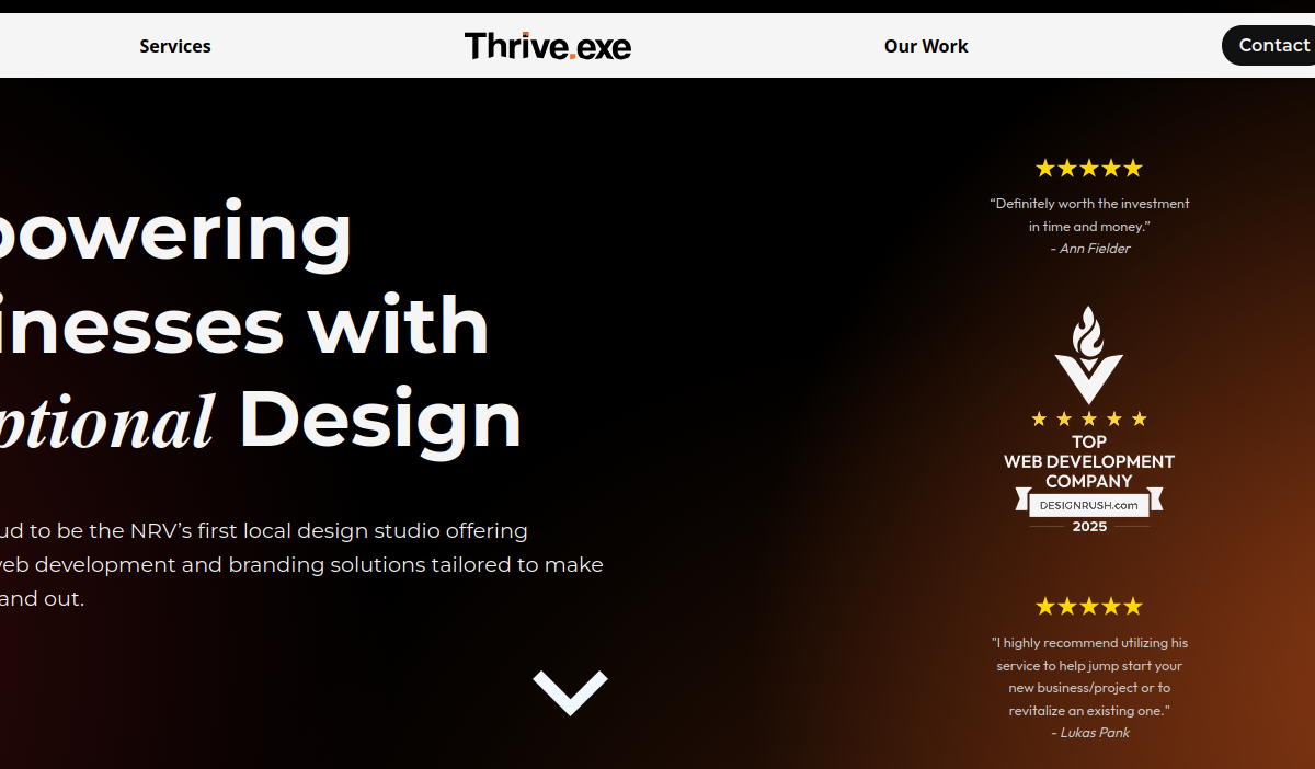 Screenshot of thrive-exe.com site showing "Top Web Development Company" 