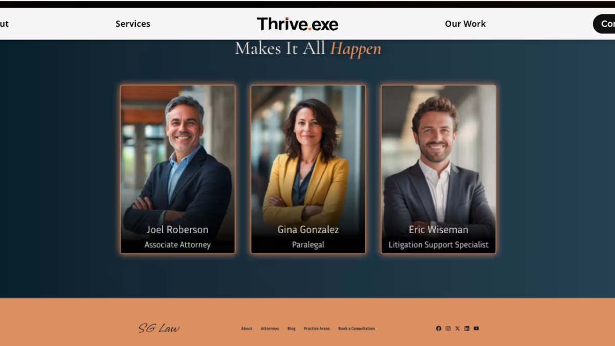 Screenshow showing not only John has a new job at a law office, but he brought the rest of his team over with him. Three pictures of different people used on two different proported client sites.