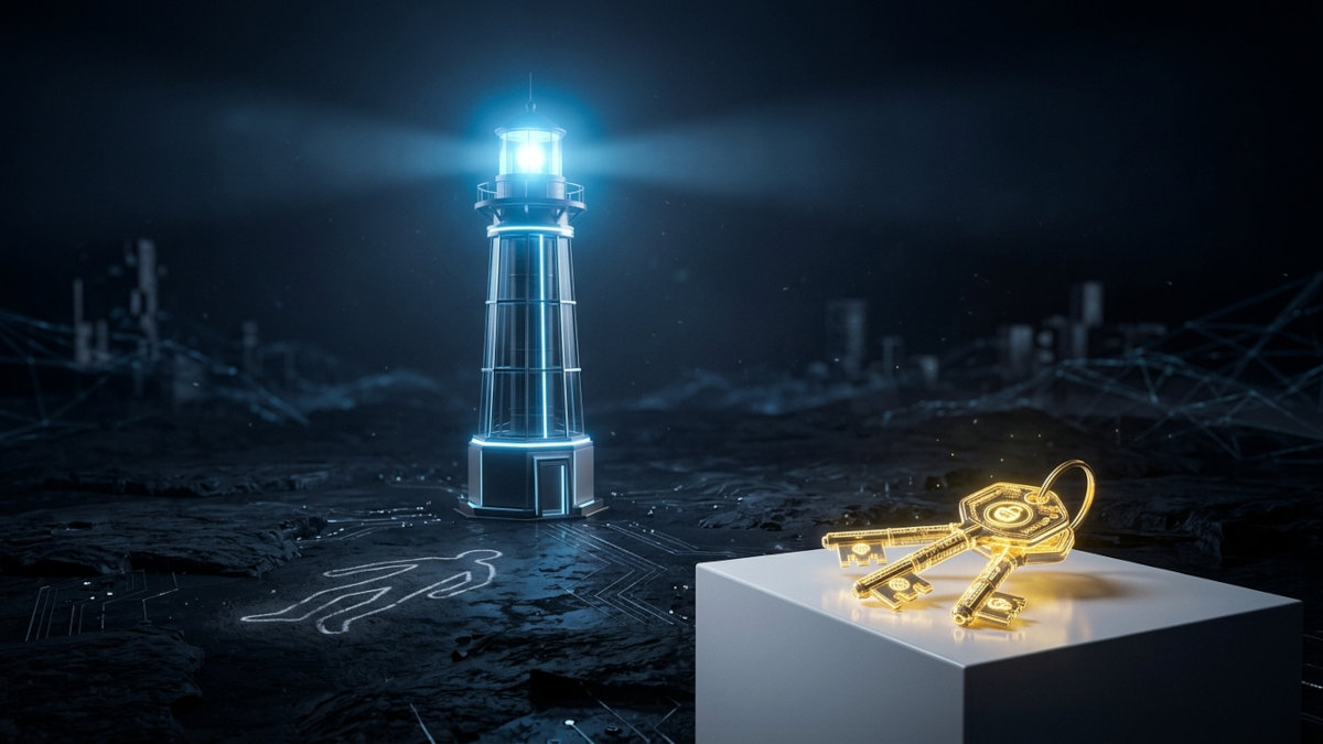 The digital lighthouse and master keys metaphors, showing the empty outline of the 'Ghost Developer' who has moved on.