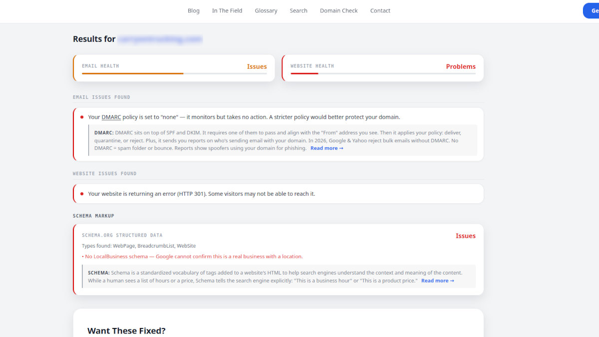 Screenshot of the BizPinPro domain checker results.