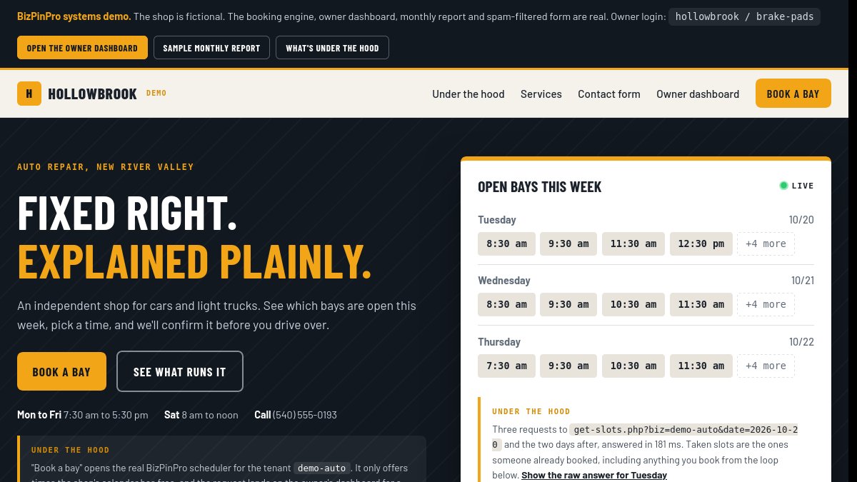 The Hollowbrook Automotive example website, built by BizPinPro
