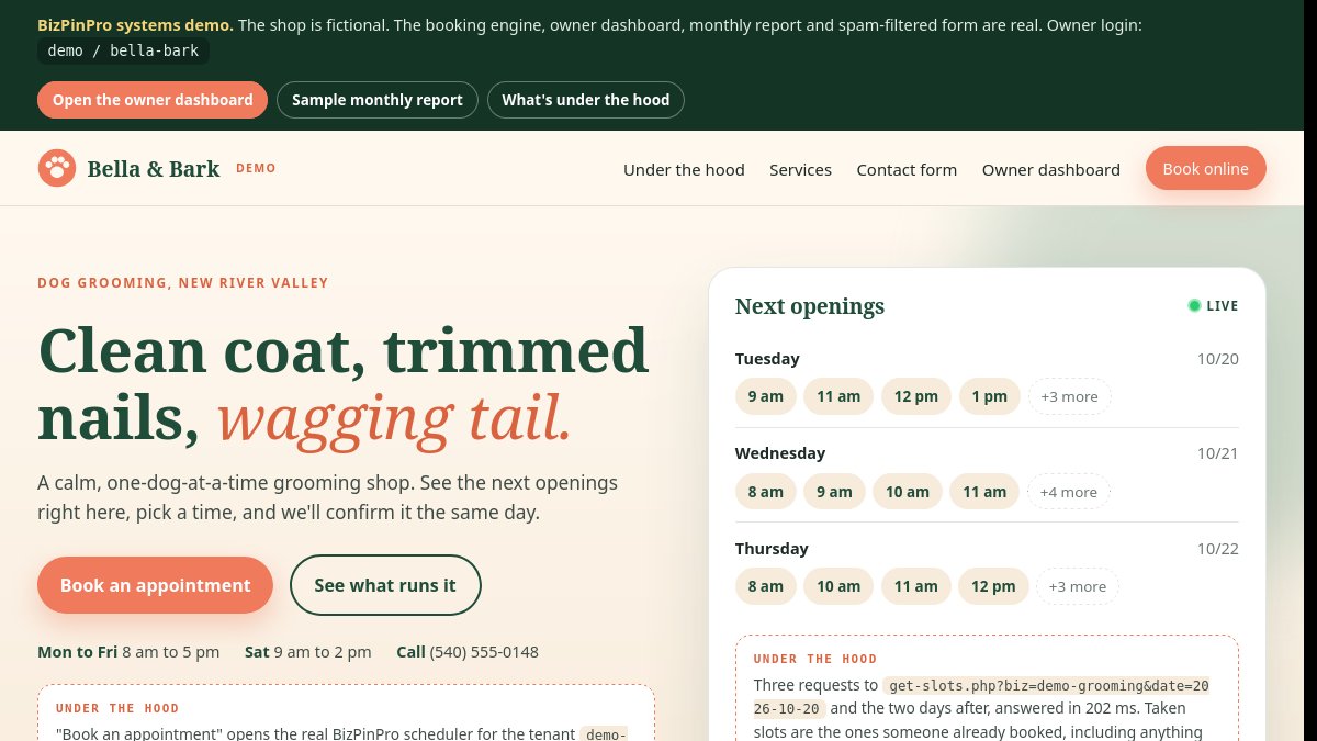 The Bella & Bark Grooming example website, built by BizPinPro