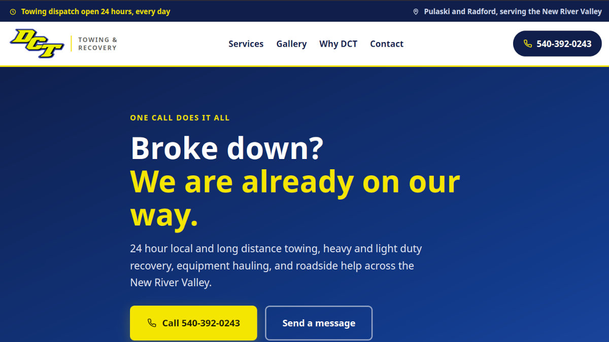 DCT Towing and Recovery website screenshot