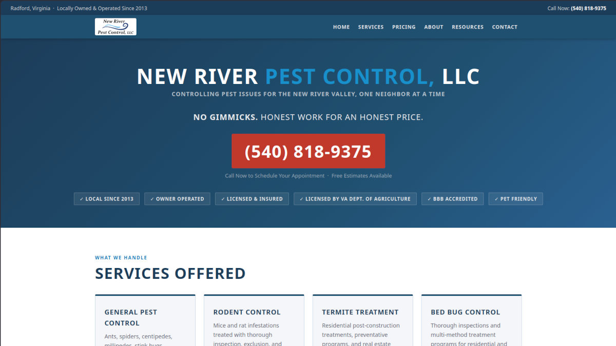New River Pest Control website screenshot
