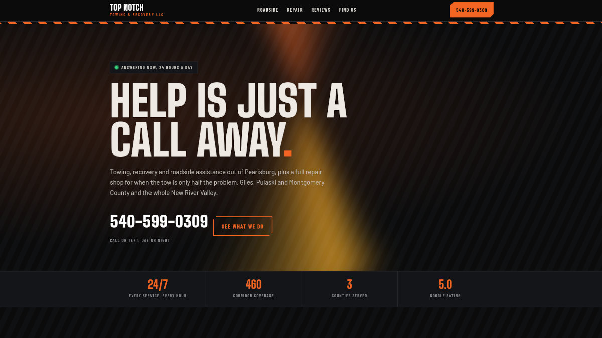 Top Notch Towing & Automotive, LLC website screenshot